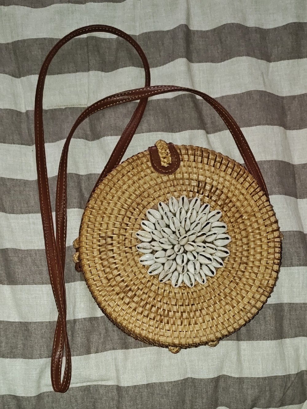 Woven Round Straw Crossbody Bag with Shell Accent - Brown